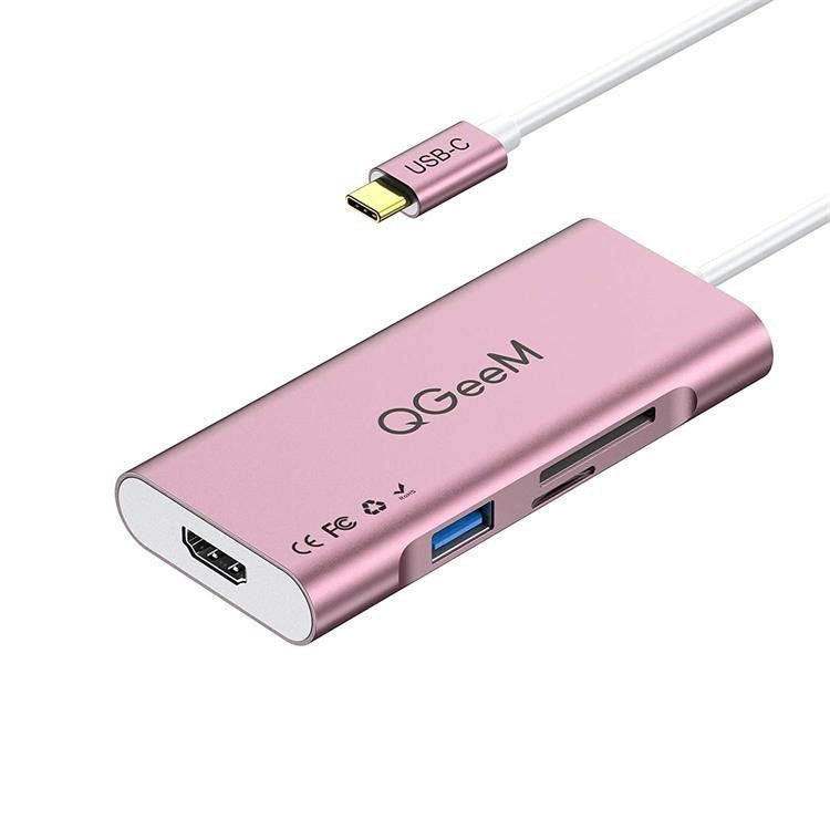 QGeeM Хаб Type-C 7в1 (PD x1 / USB 3.0 x3 / TF-CD Card x2 / HDMI x1) розовый (Г90-53318)